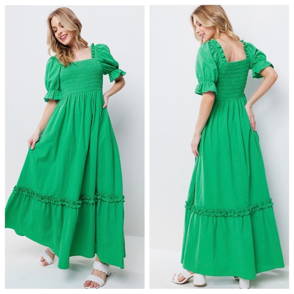 Boho Beautiful Linen Cotton Solid Smoking Detail Long Dress - Picture 3 of 5
